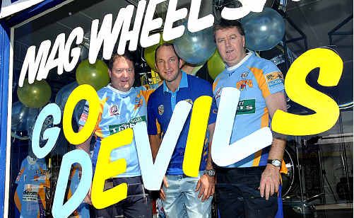 Ross Groundwater, Darren Burns and Ron Thorburn with Tyrepower’s front window display supporting the Devils. Ross Groundwater, Darren Burns and Ron Thorburn with Tyrepower’s front window display supporting the Devils.